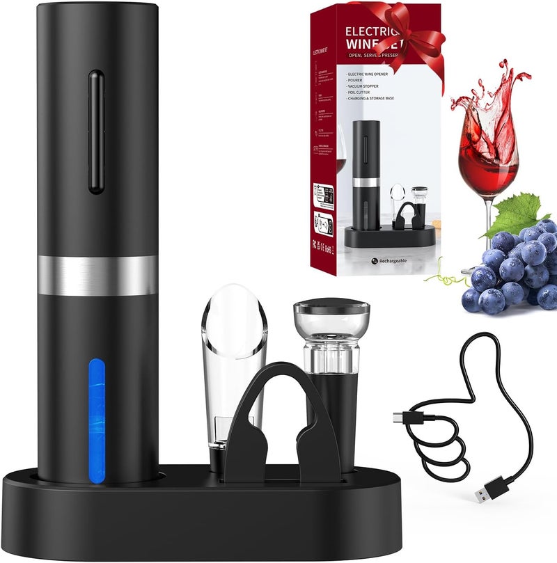 CircleJoy Electric Wine Bottle Opener Set - Rechargeable Cordless Wine Corkscrew with Charging Base, Foil Cutter, Aerator Pourer and Stopper - Image 1